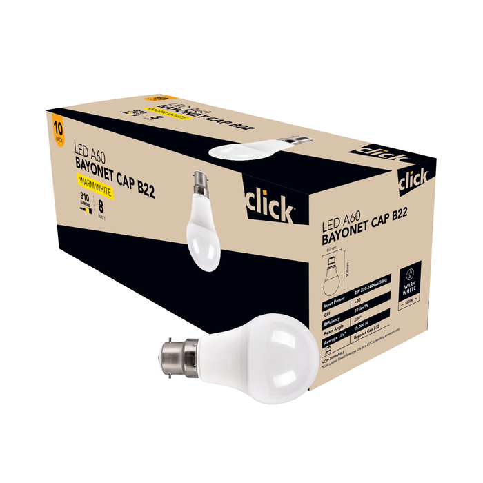 Click A60 BC LED 810lm Warm White 8W Globe - 10 Pack