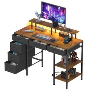 Ufurniture 120cm LED Computer Desk w/ Power Outlets & Monitor Stand Office Gaming Table w/ Drawer & Open Shelf