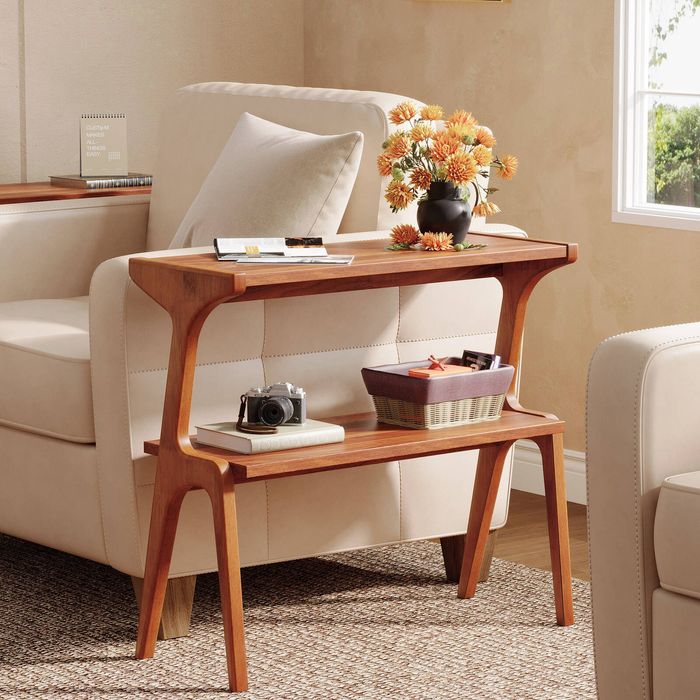 OAKORY 67cm Solid Wood Narrow Side Table with 2 Tier Storage Shelf in Rustic Brown
