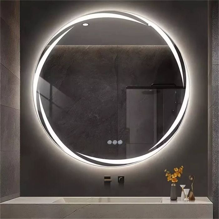 OAKORY 80cm Round LED Bathroom Mirror Swirl Style Backlit Dimmable 3-Colour Light Anti-Fog Memory Function