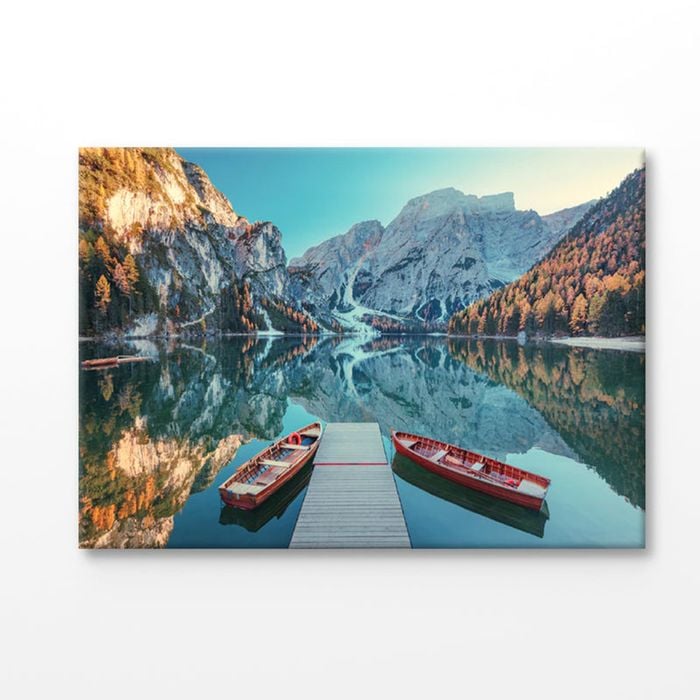 Boats On The Braies Lake In Italy Print 100% Australian Made 120x90cm (Stretched Canvas)