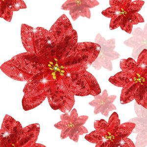 Catzon 36 Pcs Christmas Glitter Poinsettia Flowers for Xmas Tree-Red