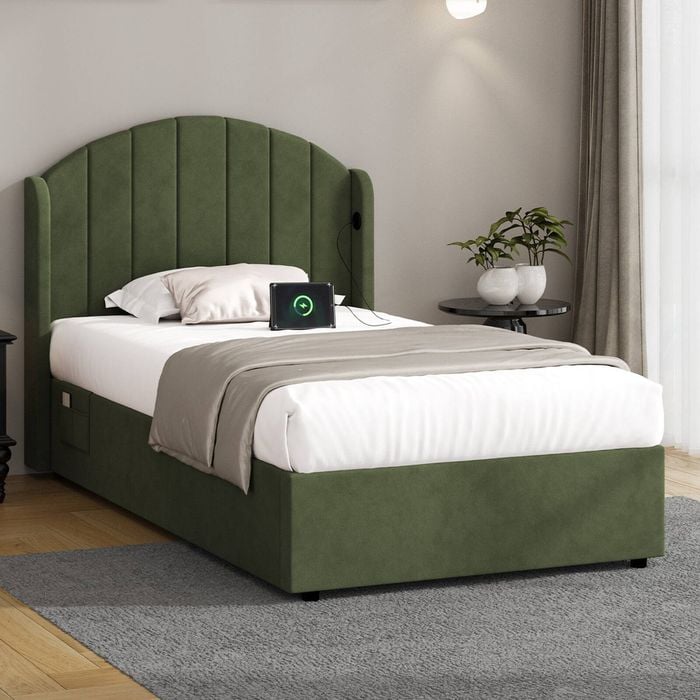Oikiture Bed Frame King Single Size With Gas Lift Storage Usb Charging Velvet