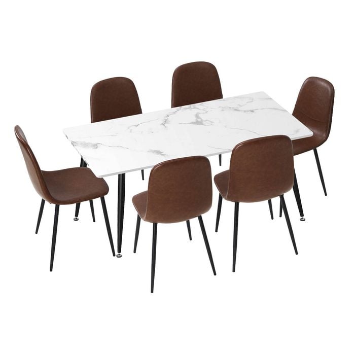 Oikiture 7PCS  Dining Set 120cm Rectangle Dining Table with Dining Chairs PU Brown