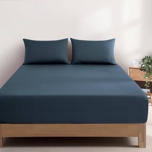 Gioia Casa Vintage Washed Cotton Fitted Sheet Set - 100% Natural Cotton - Soft & Breathable - Indigo - Double