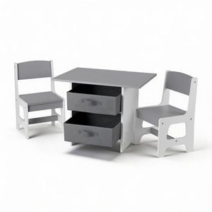 Keezi Kids Table and 2 Chairs Set Wooden Activity Table wit 2 Storage Drawers Grey