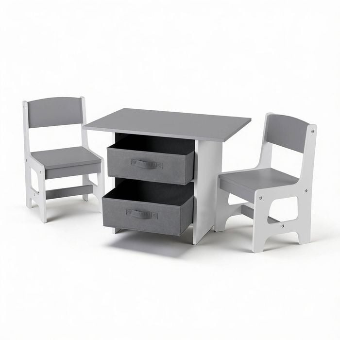 Keezi Kids Table and 2 Chairs Set Wooden Activity Table wit 2 Storage Drawers Grey
