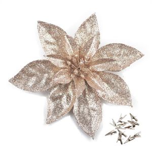 Catzon 12 Pcs Glitter Christmas Flowers with Clips Artificial Poinsettia-Champagne