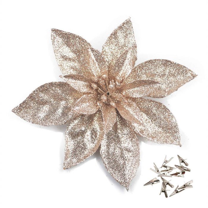 Catzon 12 Pcs Glitter Christmas Flowers with Clips Artificial Poinsettia-Champagne