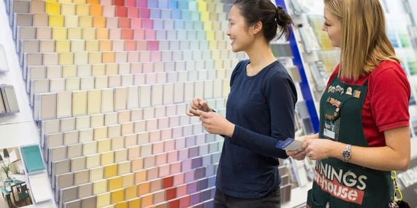 Bunnings Team Member helping a customer in the paint department.