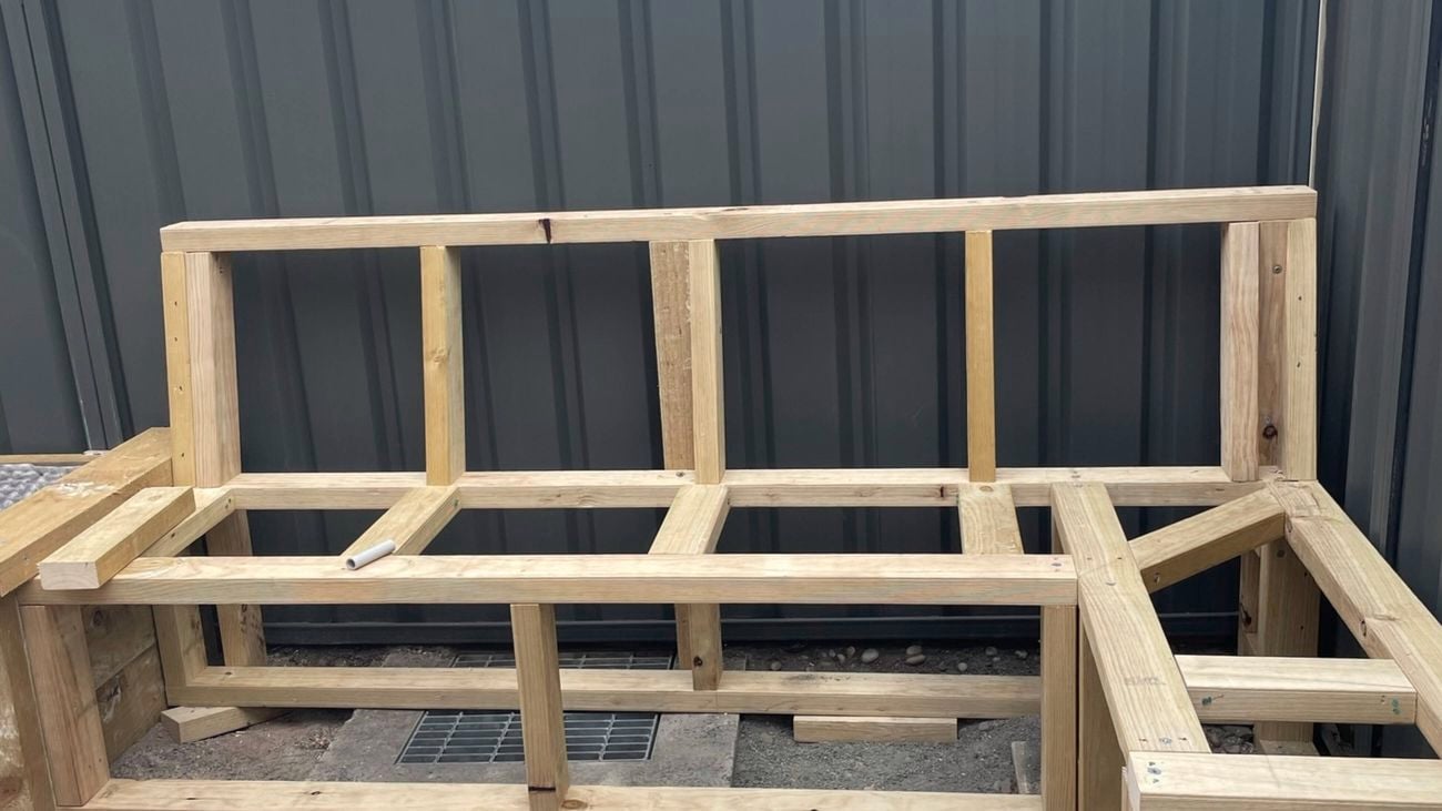 timber frame of a planter box being built