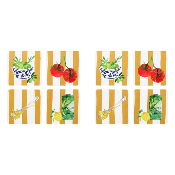 2x 4pc Porto Beige Stripe & Florence Food Rectangle Coasters 10cm