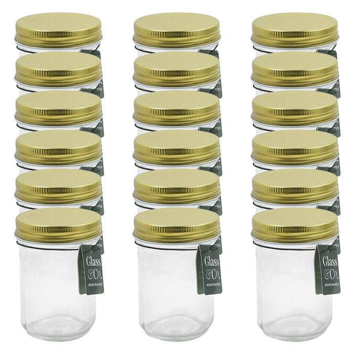 18PK Glass & Co Olivia Round Metallic Lid Jar Container 240ml Clear Assorted