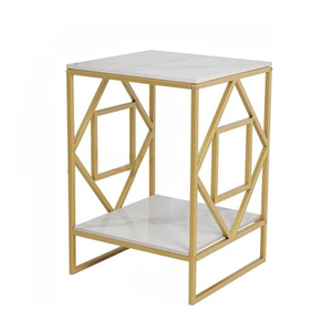 P&P Golden Geometric End Table With White Marble Top And Shelf