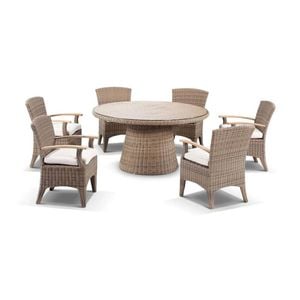 Outdoor Plantation 1.5M Round Wicker Dining Table With 6 Kai Chairs - Brushed Wheat