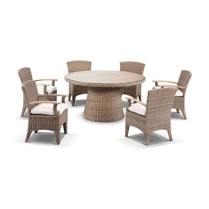 Outdoor Plantation 1.5M Round Wicker Dining Table With 6 Kai Chairs - Brushed Wheat