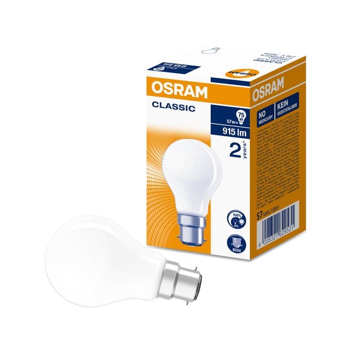 Osram B22 57W Warm White Frosted Classic A Shape Dimmable Halogen Light Globe