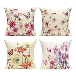 Catzon 4 Pcs Lavender Throw Pillow Covers Linen Summer Cushion Case for Sofa