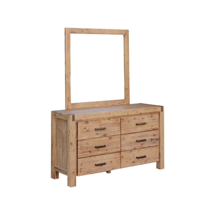 Dresser with 6 Storage Drawers in Solid Acacia & Veneer With Mirror in Oak Colour