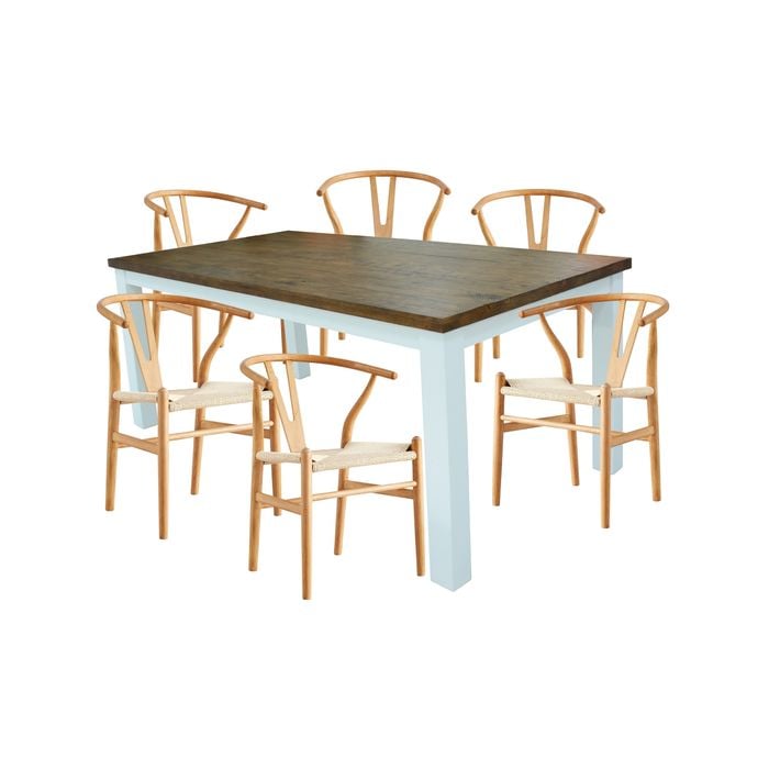 Norah 7pc Dining Set Table 180cm Solid Acacia Wood Natural Wishbone Chair