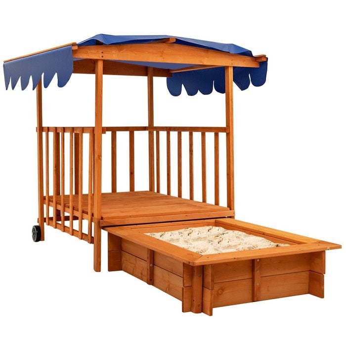 Costway Wooden Sandpit Kids Outdoor Playhouse Sandbox w/Canopy & Wheels