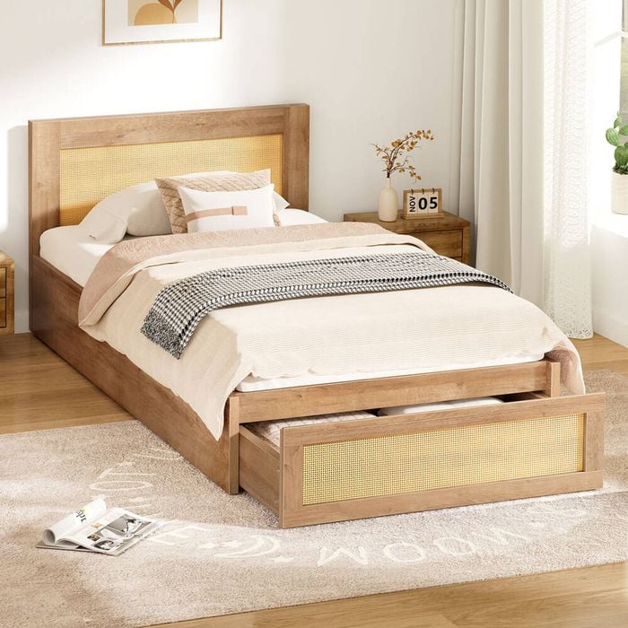 Alfordson Wooden Bed Frame Single With Drawer Oak