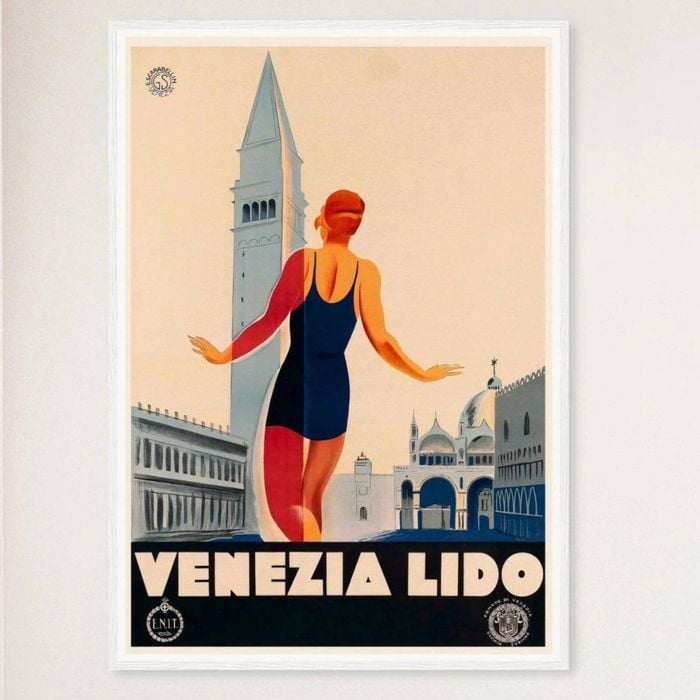 Galrie Venezia Lido Italy Vintage Travel Poster - Perfect Wall Art for Home or Office, White Frame, 70 x 100cm (28 x 40inch)