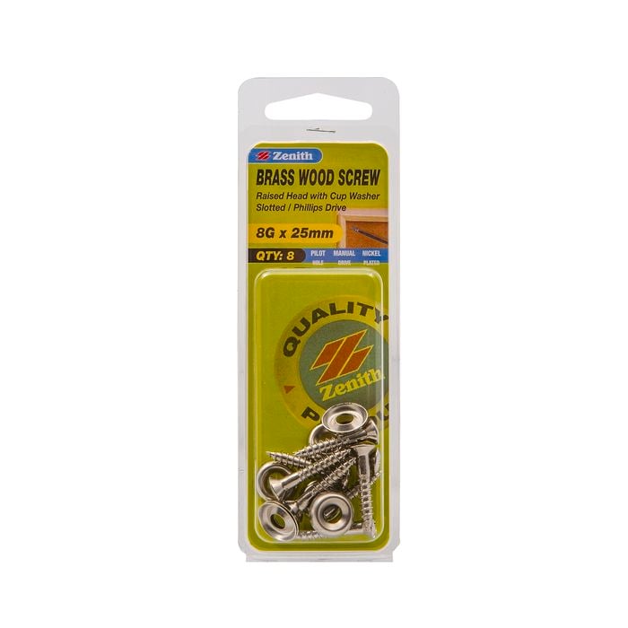 Zenith 8g x 25mm Round Head Brass Wood Screw - 9 Pack