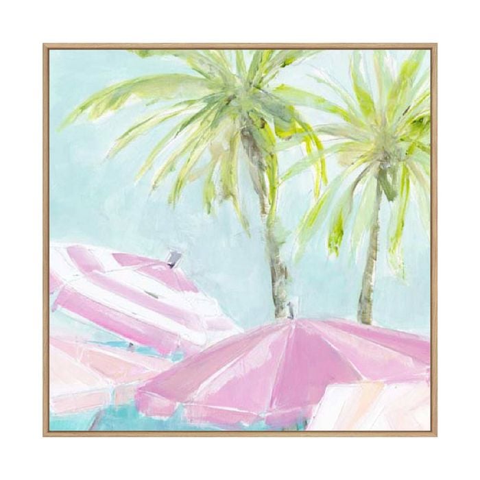 Artey | Summer Pink Umberllas I - Framed Canvas - Natural Frame - 64 x 64cm