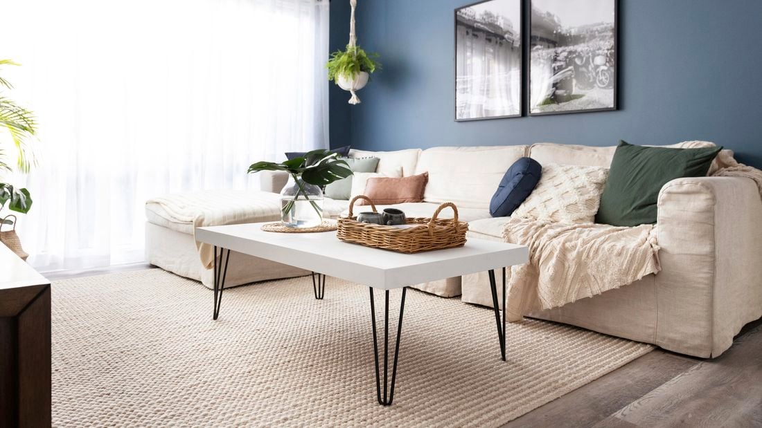 Lounge room with white curtains, blue wall, large couch, rug, and plants.