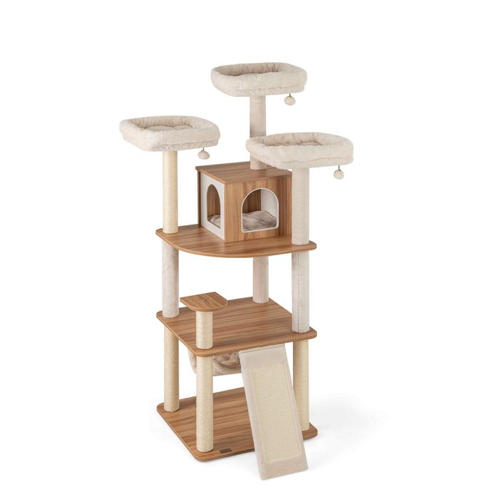 Costway 168cm Tall Cat Tree Wood Cat Tower Multi-Level Climbing Furniture w/3 Padded Perches-Natural