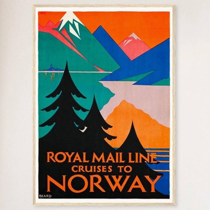 Galrie Royal Mail Line Vintage Cruise Poster to Norway Timeless Travel Art for Home Décor, Wood Frame, 50 x 70cm (20 x 28inch)