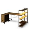 Ufurniture 164cm U Shape LED Gaming Desk with Power Outlets Reversible Corner Computer Table with Drawer & Bookshelf Walnut