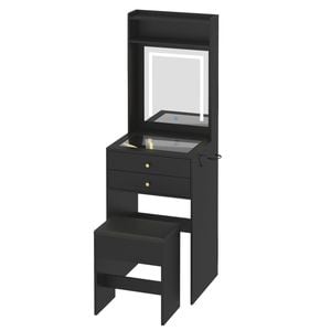 Ufurniture Compact Dressing Table with Glass Desktop Mirror and Light 2 Drawers and Storage Stool Black
