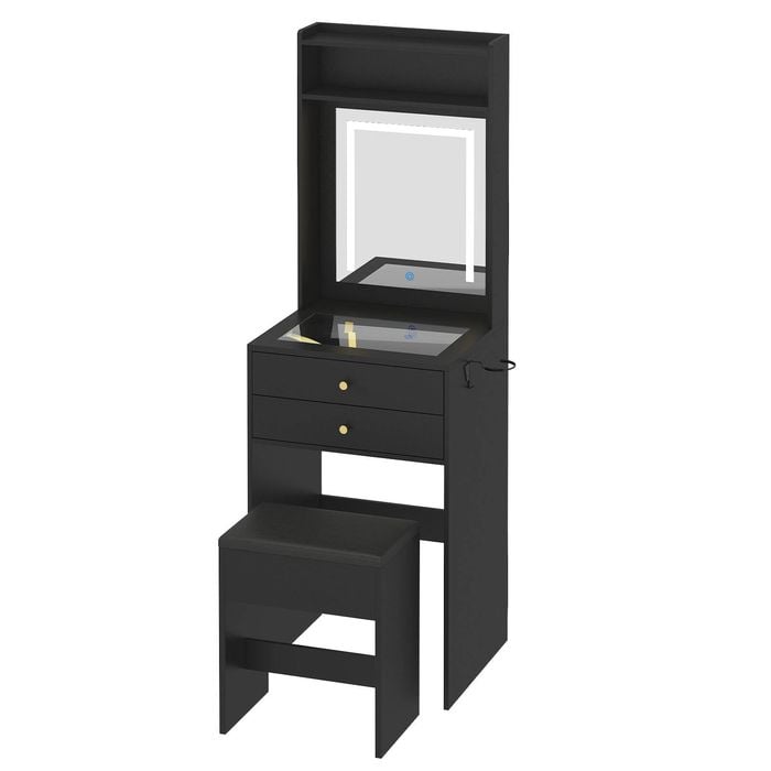 Ufurniture Compact Dressing Table with Glass Desktop Mirror and Light 2 Drawers and Storage Stool Black
