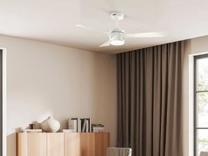 A white Rosedale ceiling fan with a light is installed in a modern room with large windows, curtains and a wooden cabinet.]    Caption: Choose the right Hunter ceiling fan for your home to make staying cool a breeze. 