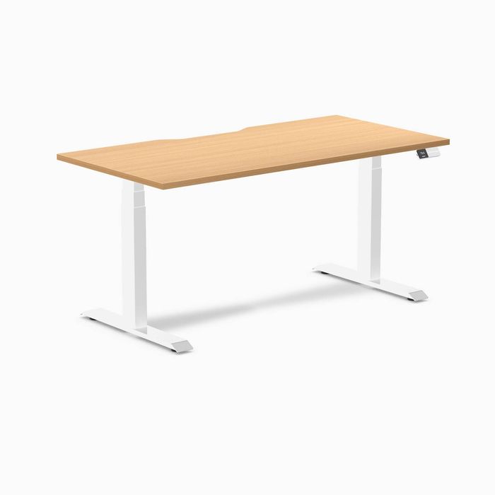 Desky Dual Select Beech Scalloped Melamine Sit Stand Desk 1500x750mm White Frame Leg