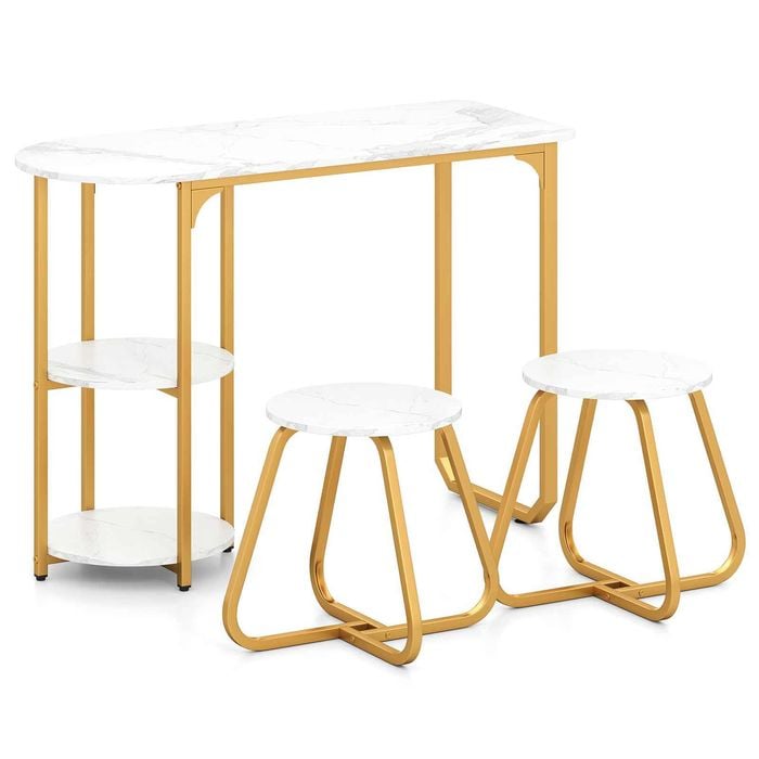 Costway Kitchen Dining Table 2 Stool 2 Tier Shelf Industrial White
