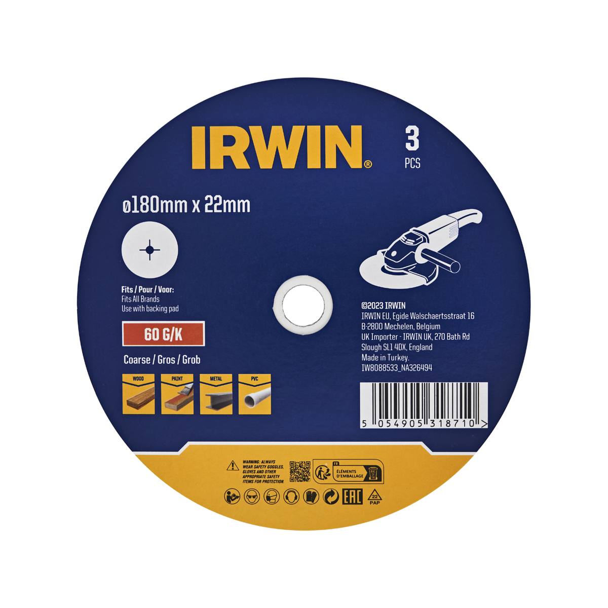 IRWIN 180 x 22mm 60 Grit Fibre Disc - 3 Pack - Bunnings Australia