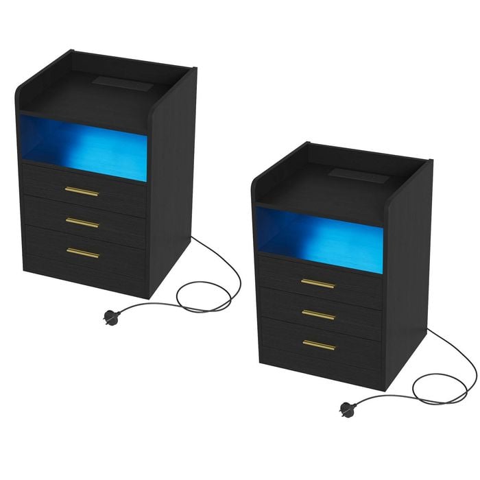 Ufurniture Bedside Table Set of 2 with LED Light and Charging Station 3 Drawers Black