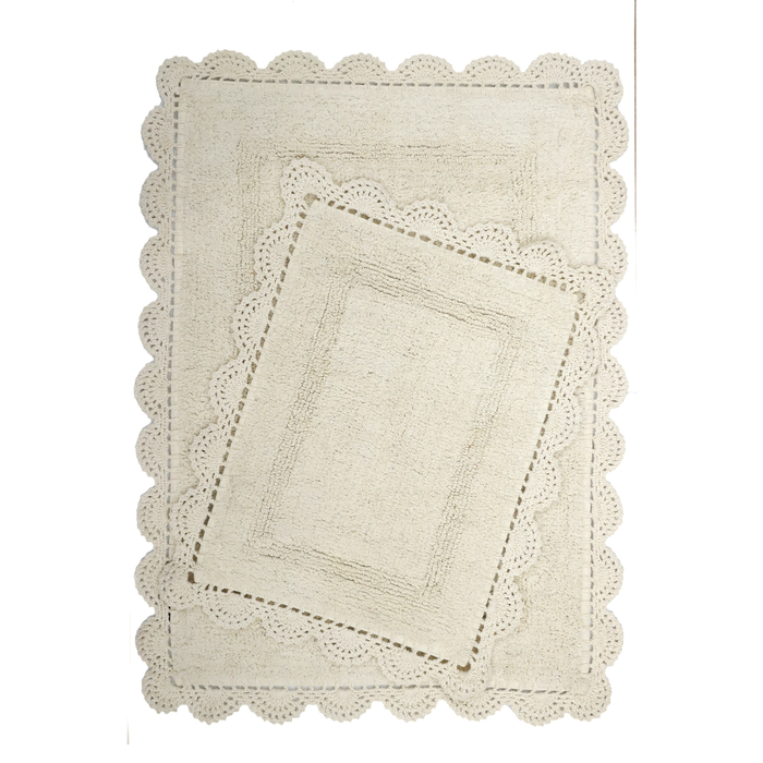 Yarra Textiles Tufted Bath Mat with Crochet , 2pcs. Set (60 x 90cm big, 40 x 60cm small) 1700 gsm+ (White)
