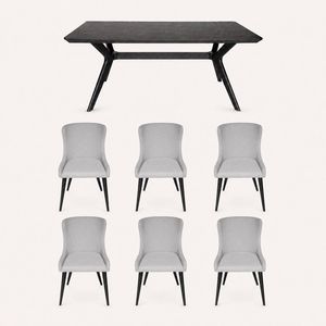 SK Designer Living | 7-Piece Dining Set | Doreen Wood Dining Table 180cm & Osaka Upholstered Chair | Black - Light Grey Fabric