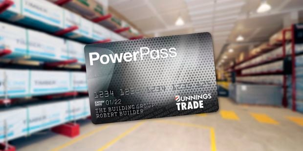 Graphic of a PowerPass card with a store timber yard in the background