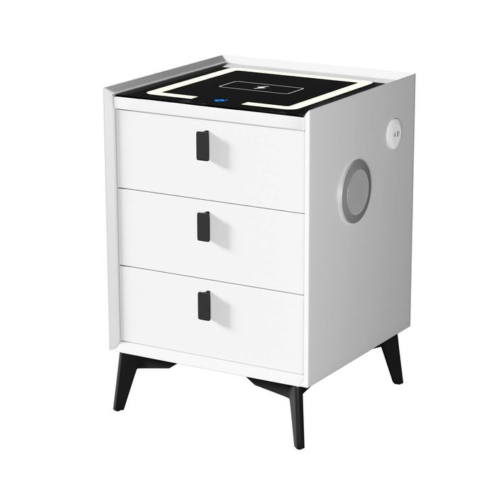Oikiture Smart Bedside Table Wireless Charging LED 3 Drawers White