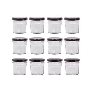 Argon Tableware 90ml Glass Jam Jars With Airtight Black Lids - Set Of 12 Empty Screw Top Kitchen Storage Preserving Jar