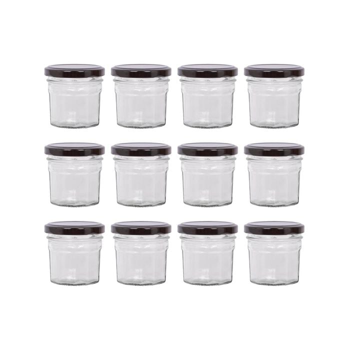 Argon Tableware 90ml Glass Jam Jars With Airtight Black Lids - Set Of 12 Empty Screw Top Kitchen Storage Preserving Jar