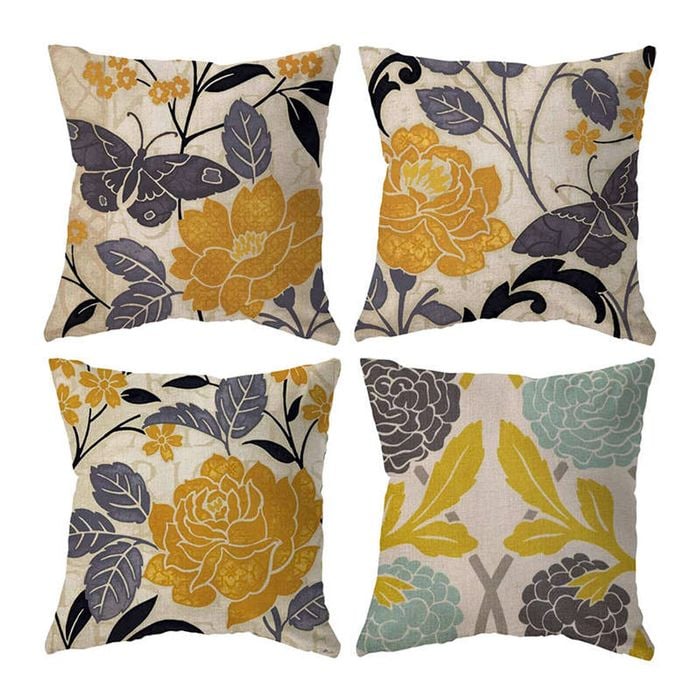 Catzon 4 Pcs Vintage Floral Pillow Covers Cotton Linen Pillowcases for Couch-F