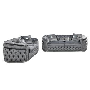 3+2 Seater Sofa Set Grey Velvet Fabric Solid Wood construction Silver Stainless Steel Trim