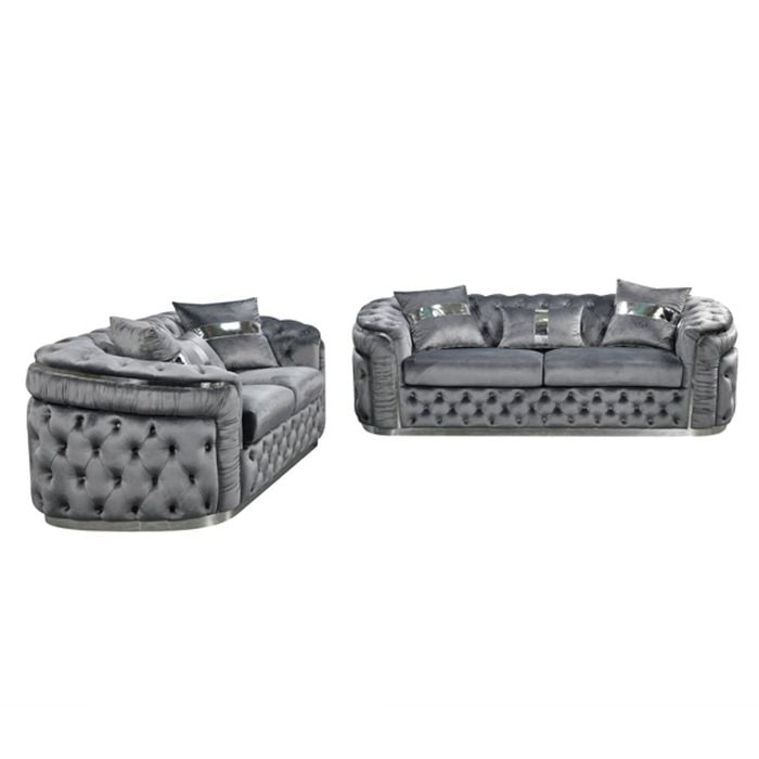 3+2 Seater Sofa Set Grey Velvet Fabric Solid Wood construction Silver Stainless Steel Trim