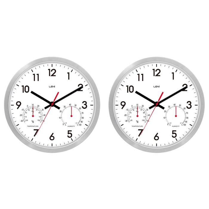 2PK Leni 25cm Aluminium Wall Clock With Temperature And Humidity Silent White
